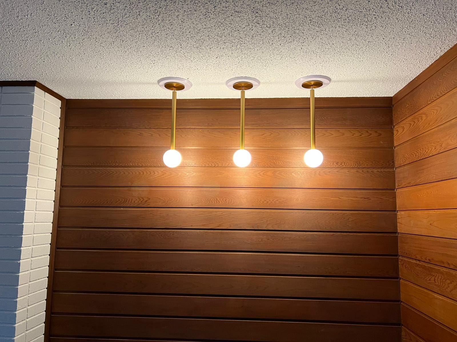 Brass Stem Globe Pendant Lights Wood Ceiling - Verde Electrical Ltd