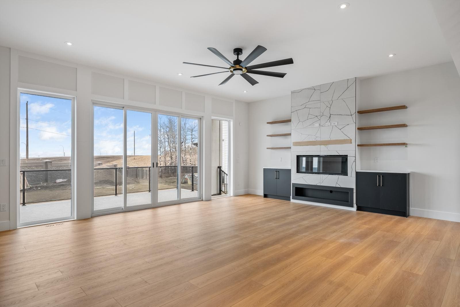 Living Room Ceiling Fan Linear Fireplace - Verde Electrical Ltd